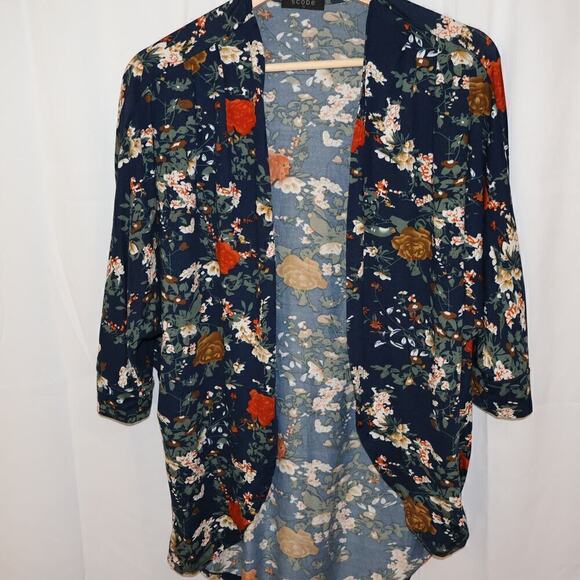 Scobe Kimomo Size Medium Open Front Blazer Blue Floral Rayon Asymmetric Hem - Picture 11 of 13